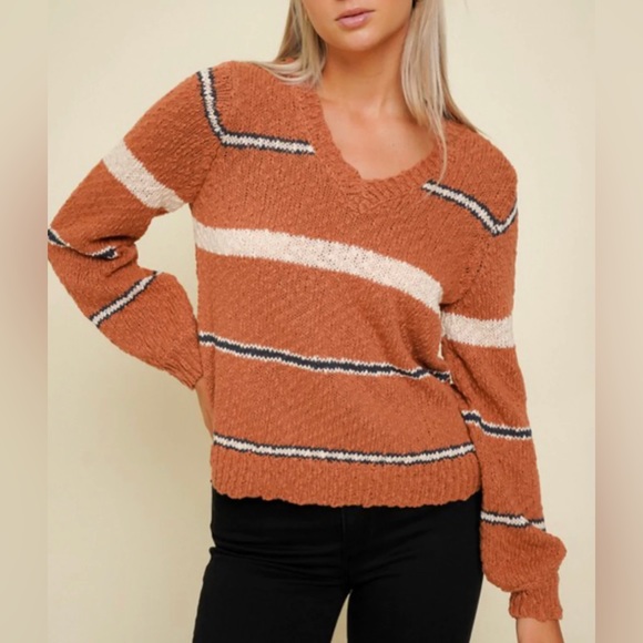 NWT’s Hem & Thread Textured Chunky V-Neck Stripe Sweater Rust & Cream Size L - Picture 2 of 12